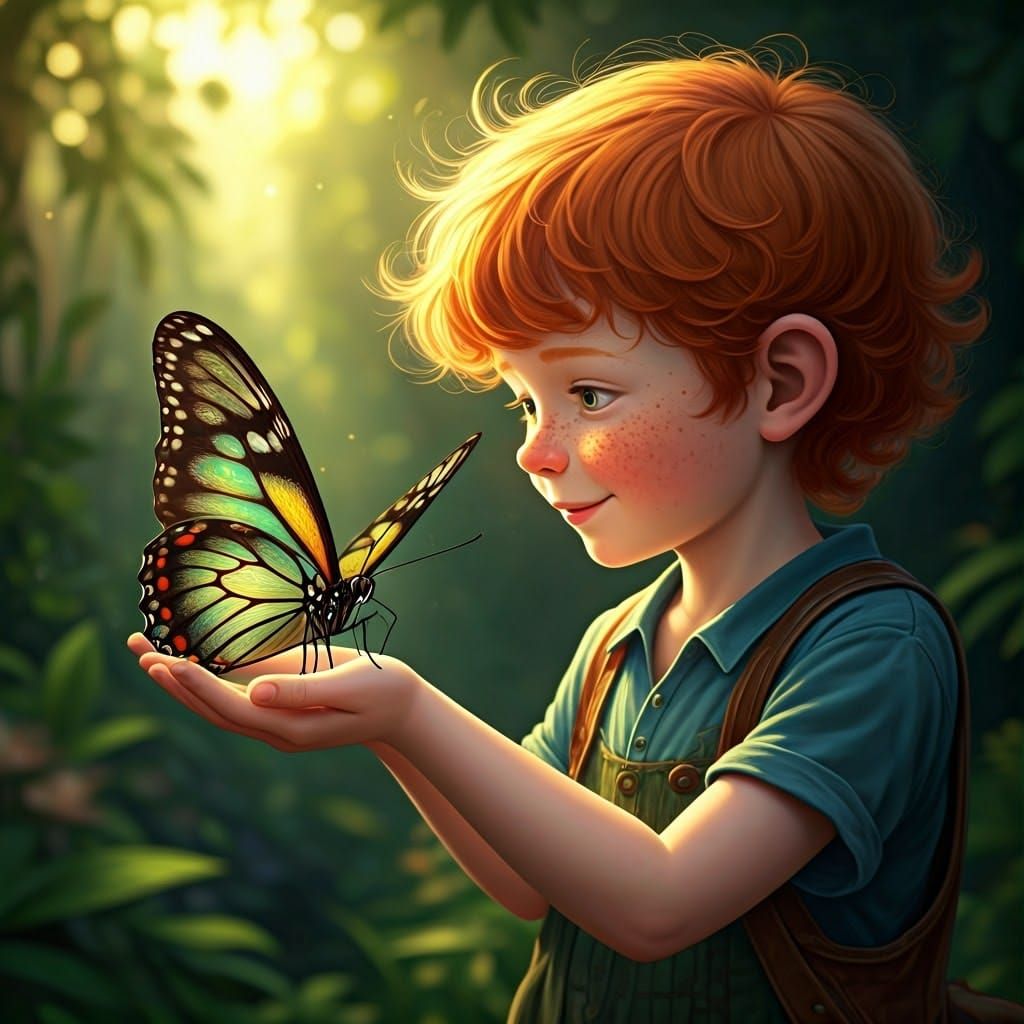 Whimsical Boy and Butterfly in Lush Greenery
