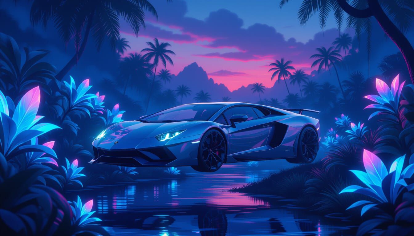 Futuristic Lamborghini Hovering Over Alien Jungle
