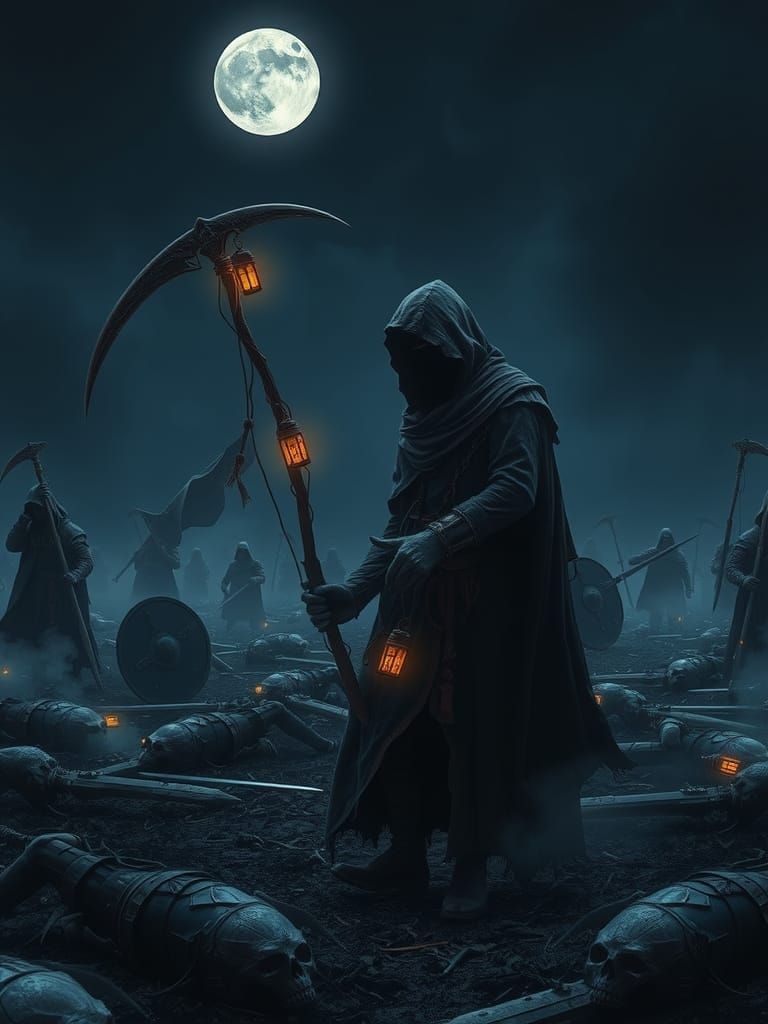 Grim Reaper on Battlefield in Gothic Surrealism Style