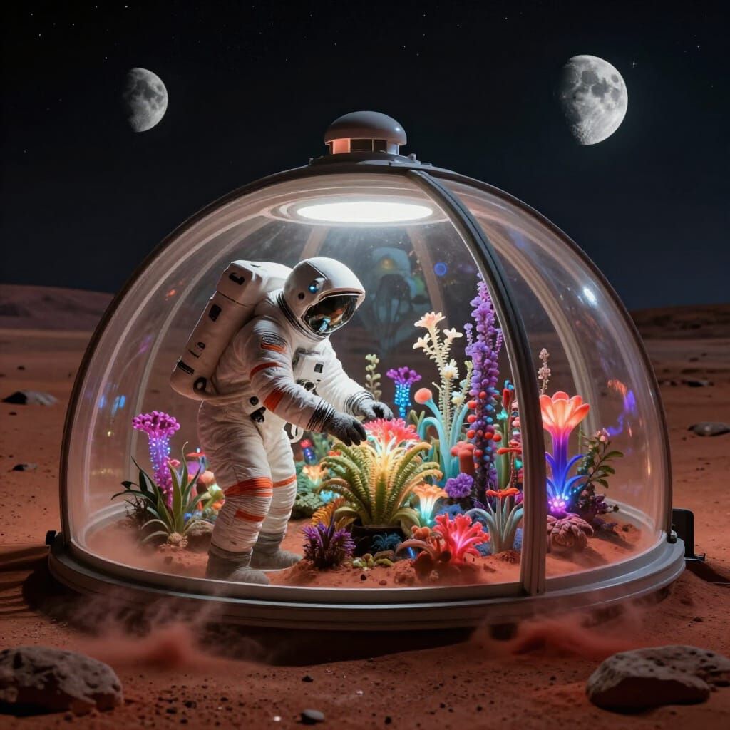 Astronaut Tends Bioluminescent Garden on Mars Colony