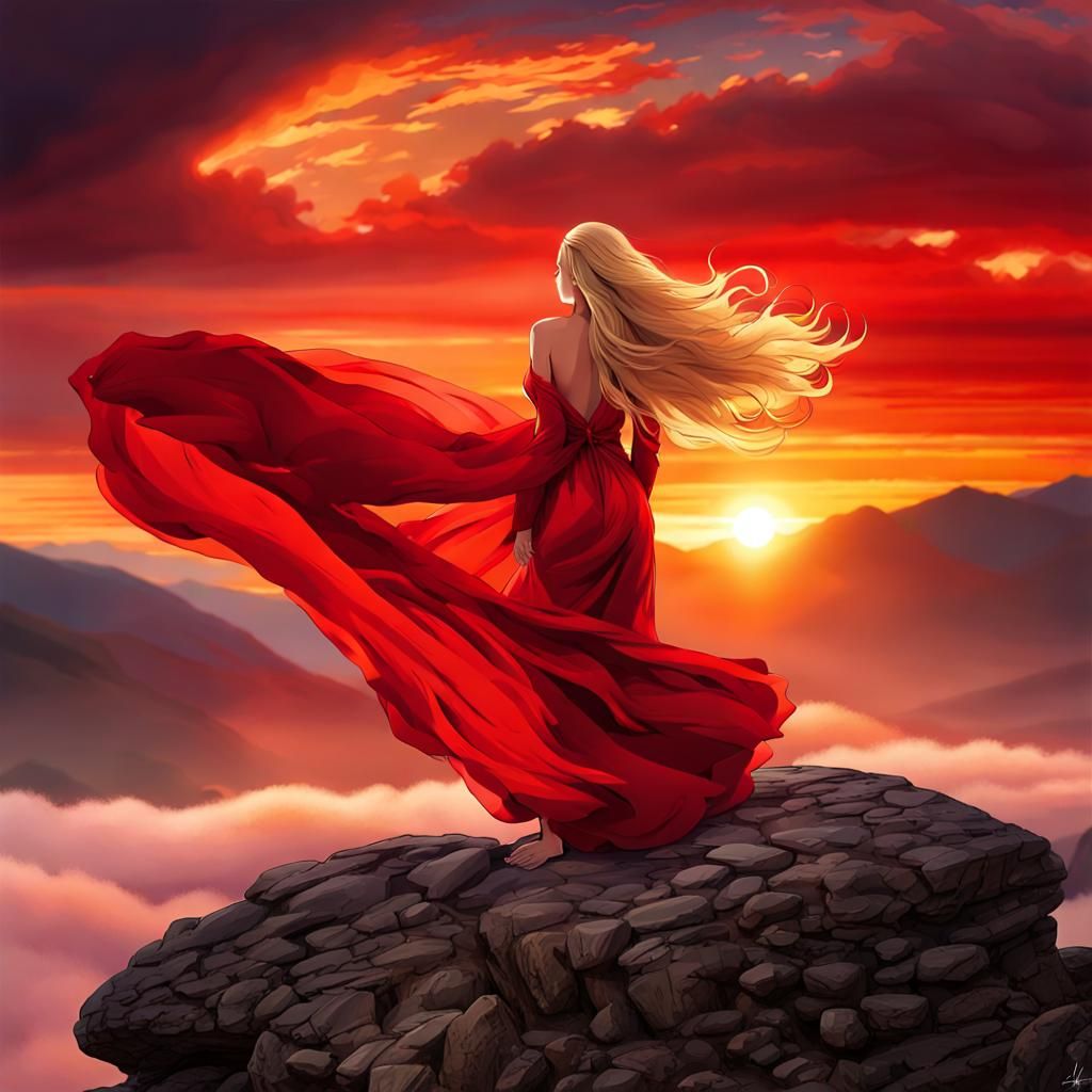Woman in Red Silk Dress at Sunset