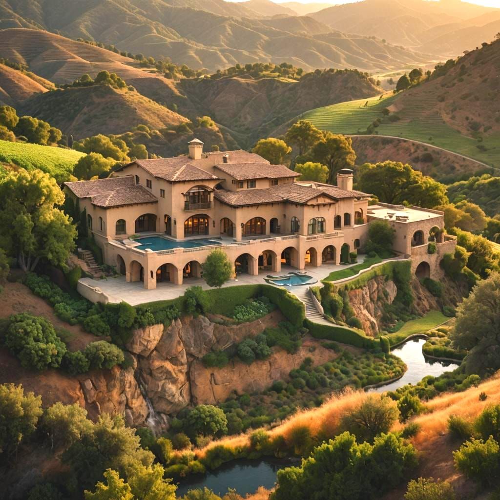 Napa Valley Ranch with Waterfall in Ansel Adams Style