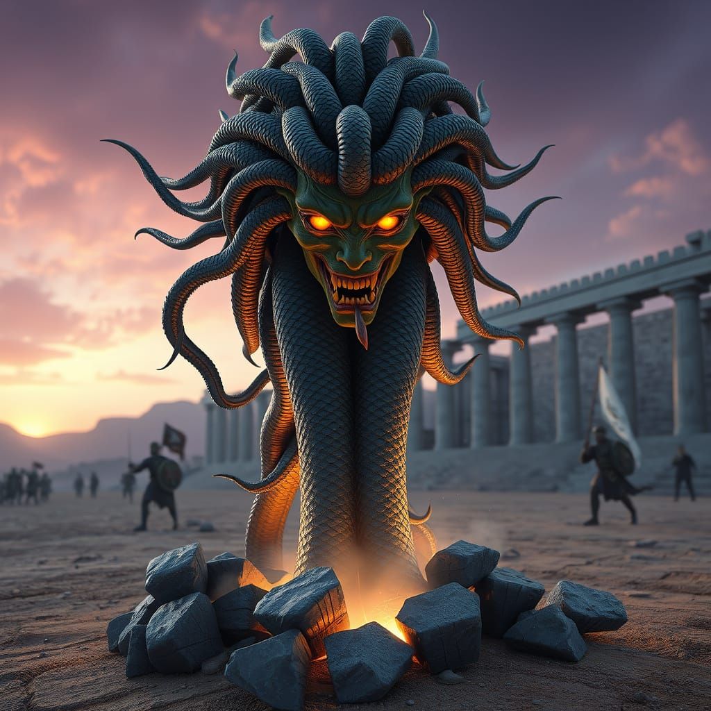 Medusa in Ancient Greek Desert Landscape, 3D Render