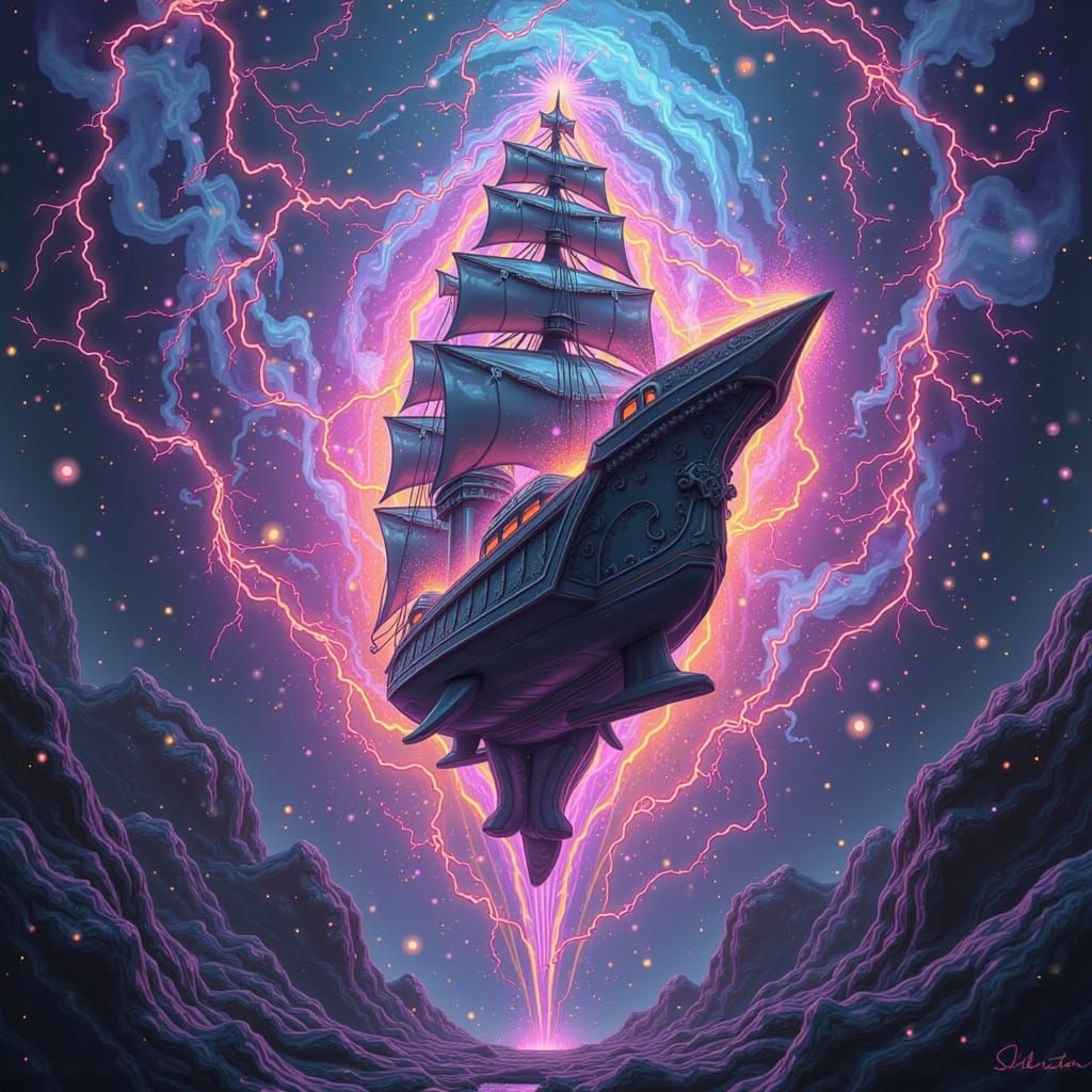 Ship in Lava Lamp with Storms, Astral Illustration