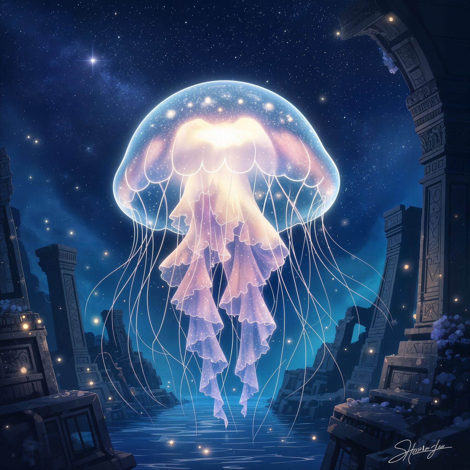 Bioluminescent Jellyfish Drifting in Starry Ocean as Anime A...