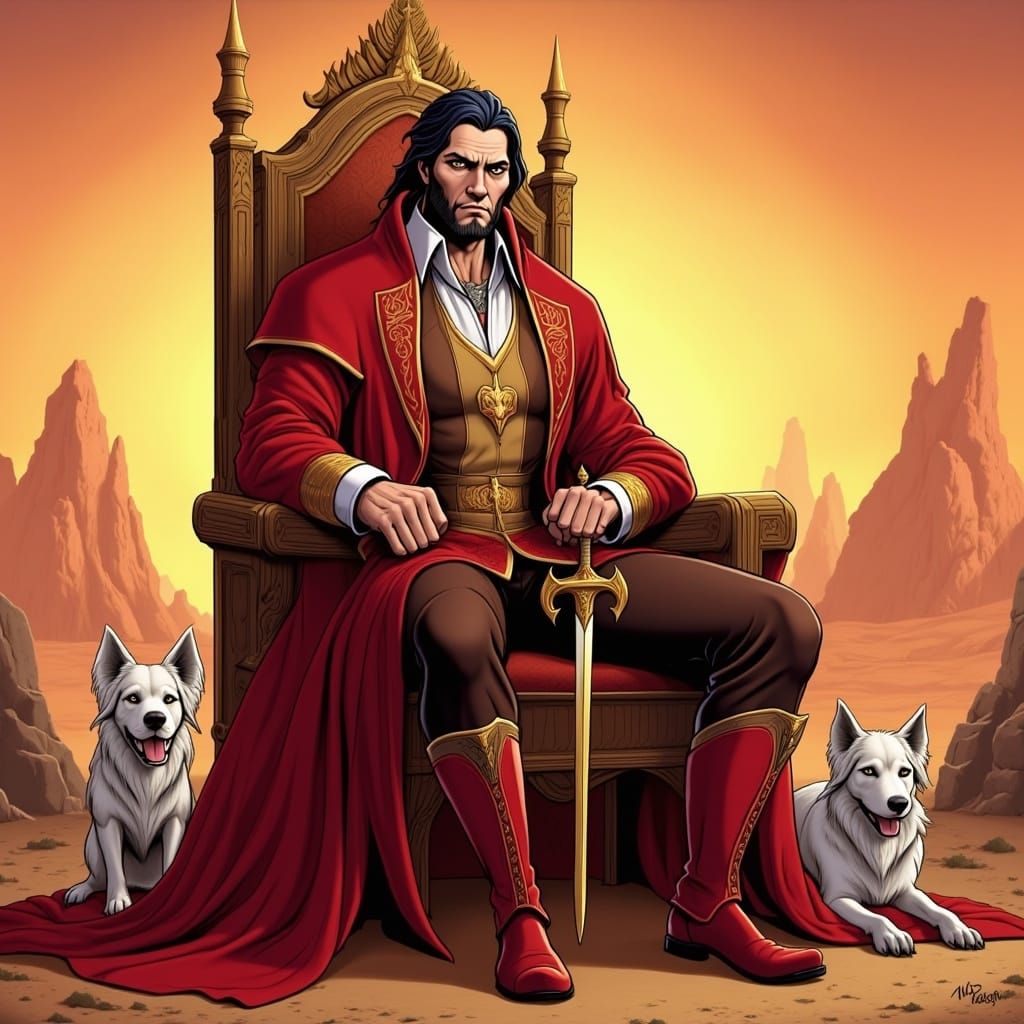 Regal Man on Throne with Sword in Desert Landscape