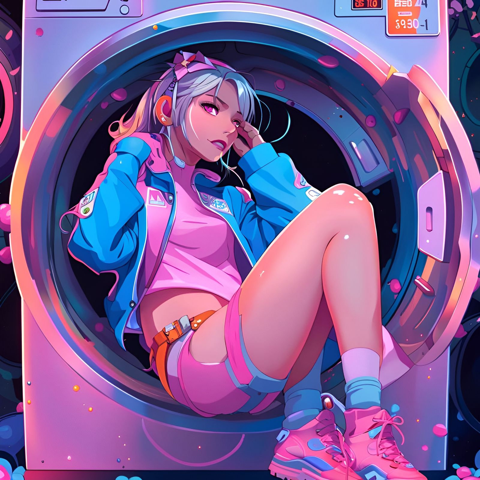 Anime Girl in Washing Machine with Neon Colors
