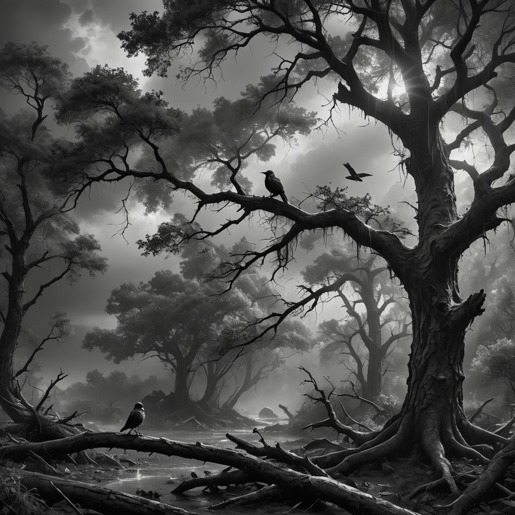 Summer Tree Bird in Detailed Matte Painting Style