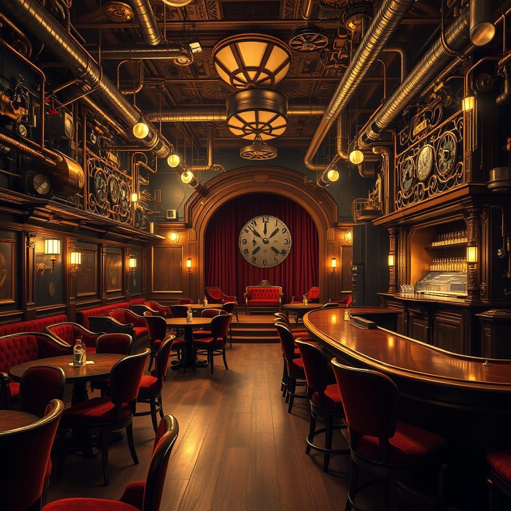 Steampunk Jazz Club Interior in Warm, Dimly Lit Atmosphere