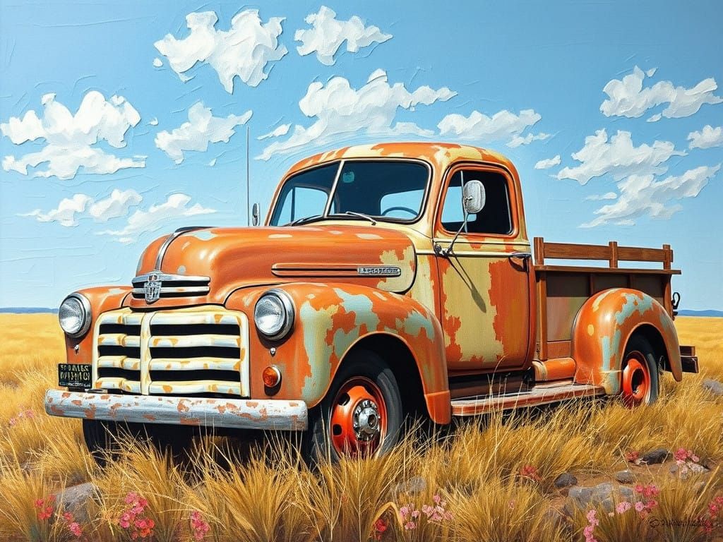 Rustic Oil on Canvas Classic Truck Scene
