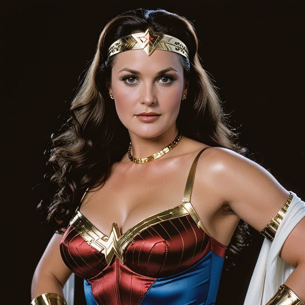 Wonder Woman as 1970s Pin-Up Model in Low-Light Portrait