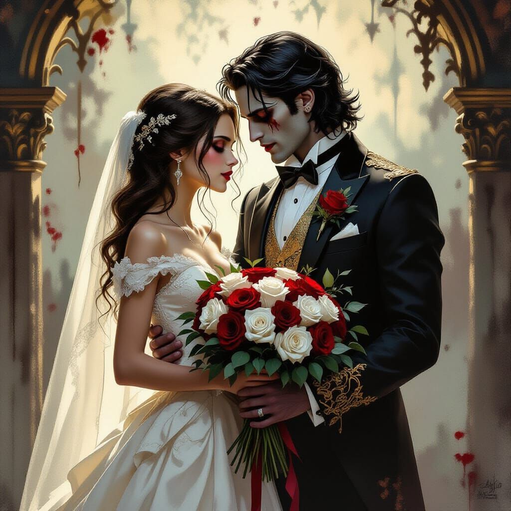 Undead Couple Embraces in Gothic Romanticism Style
