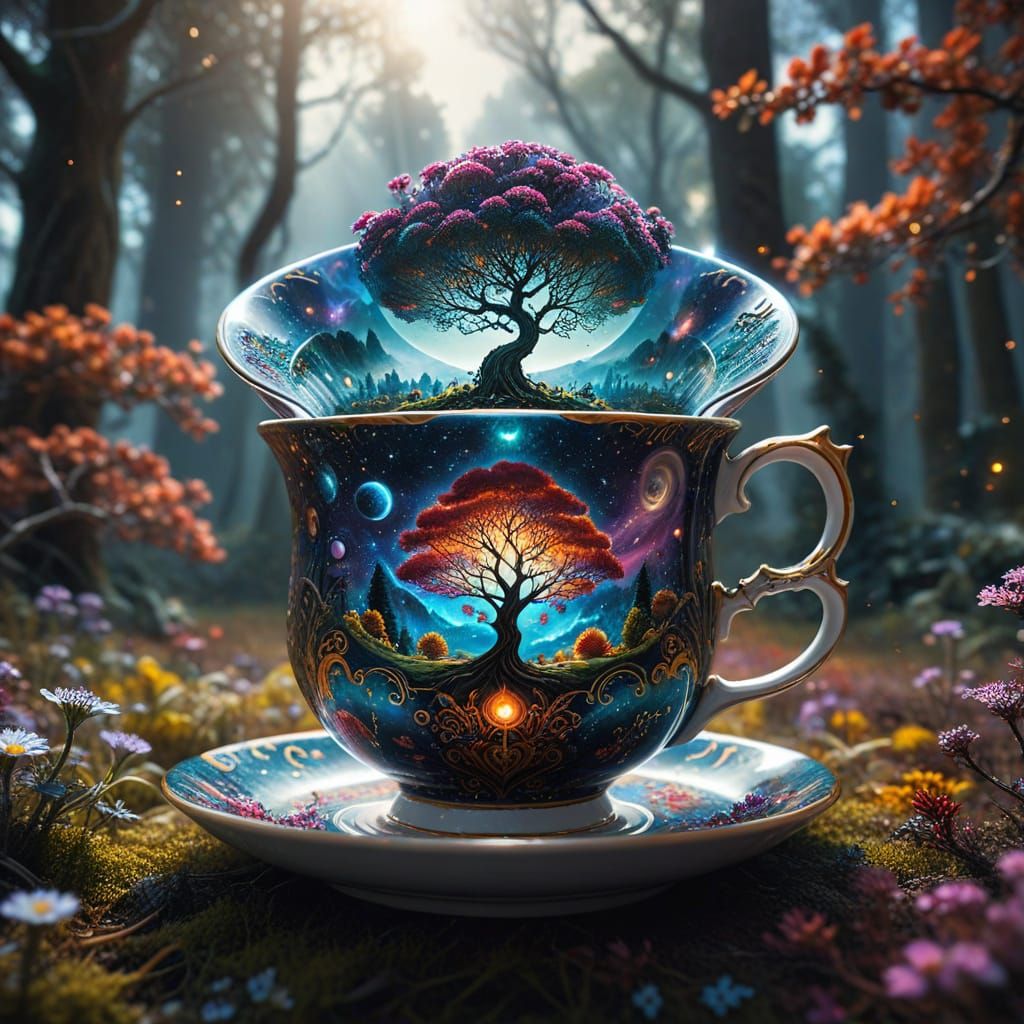 Cosmic Teacup Merging with Nebula Landscape