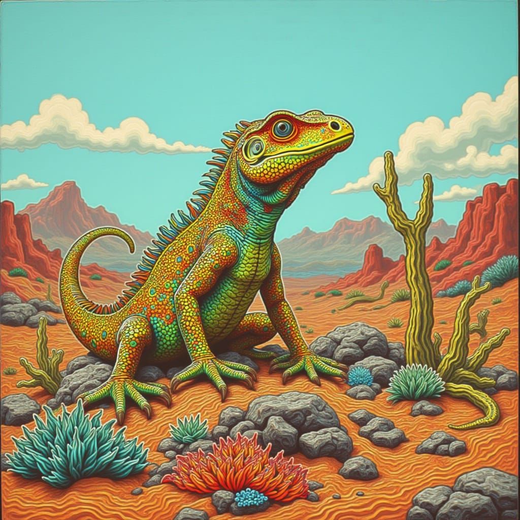 Neon Glitch Lizard in Desert Landscape