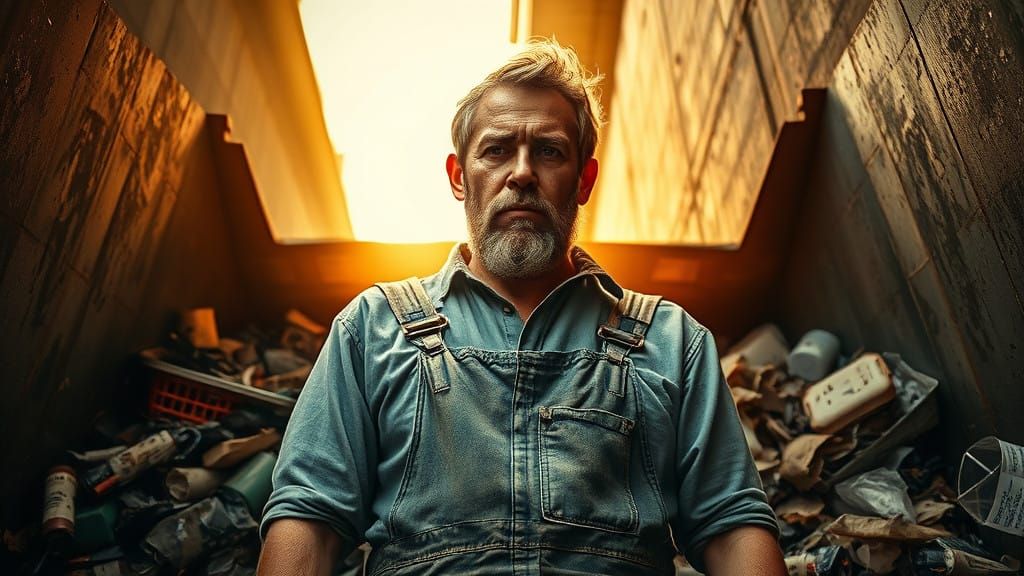 Heroic Dumpster Worker in Gritty Urban Landscape