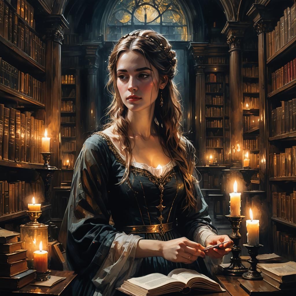 German Princess in Library at Night with Candle