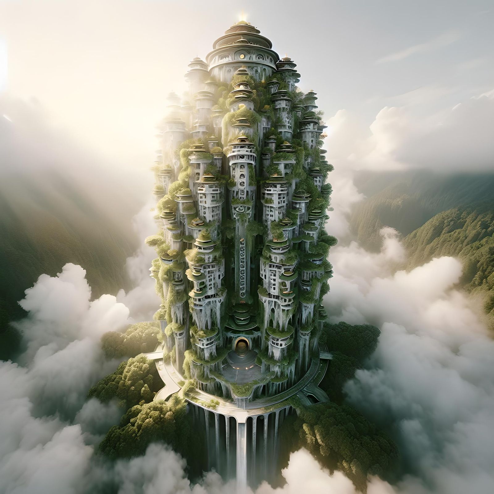 Ethereal Tower Enveloped in Clouds