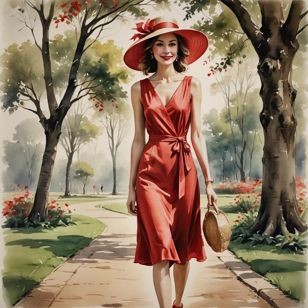 Elegant Woman in Red Dress in Ink Drawing