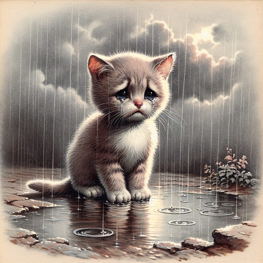 Melancholic Kitten in Rain: A Photorealistic Watercolor