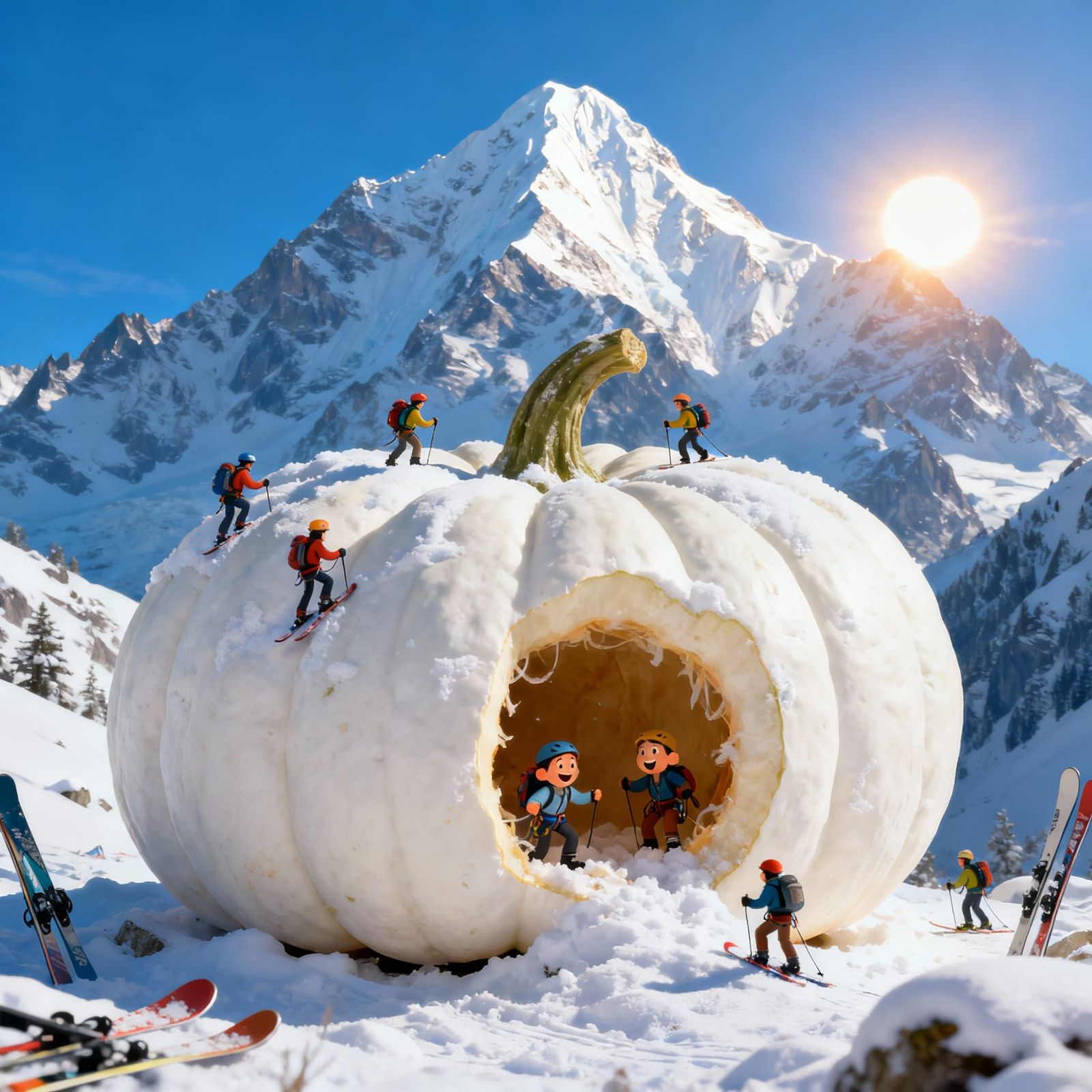 Mont Blanc as a Whimsical Pumpkin with Tiny Climbers