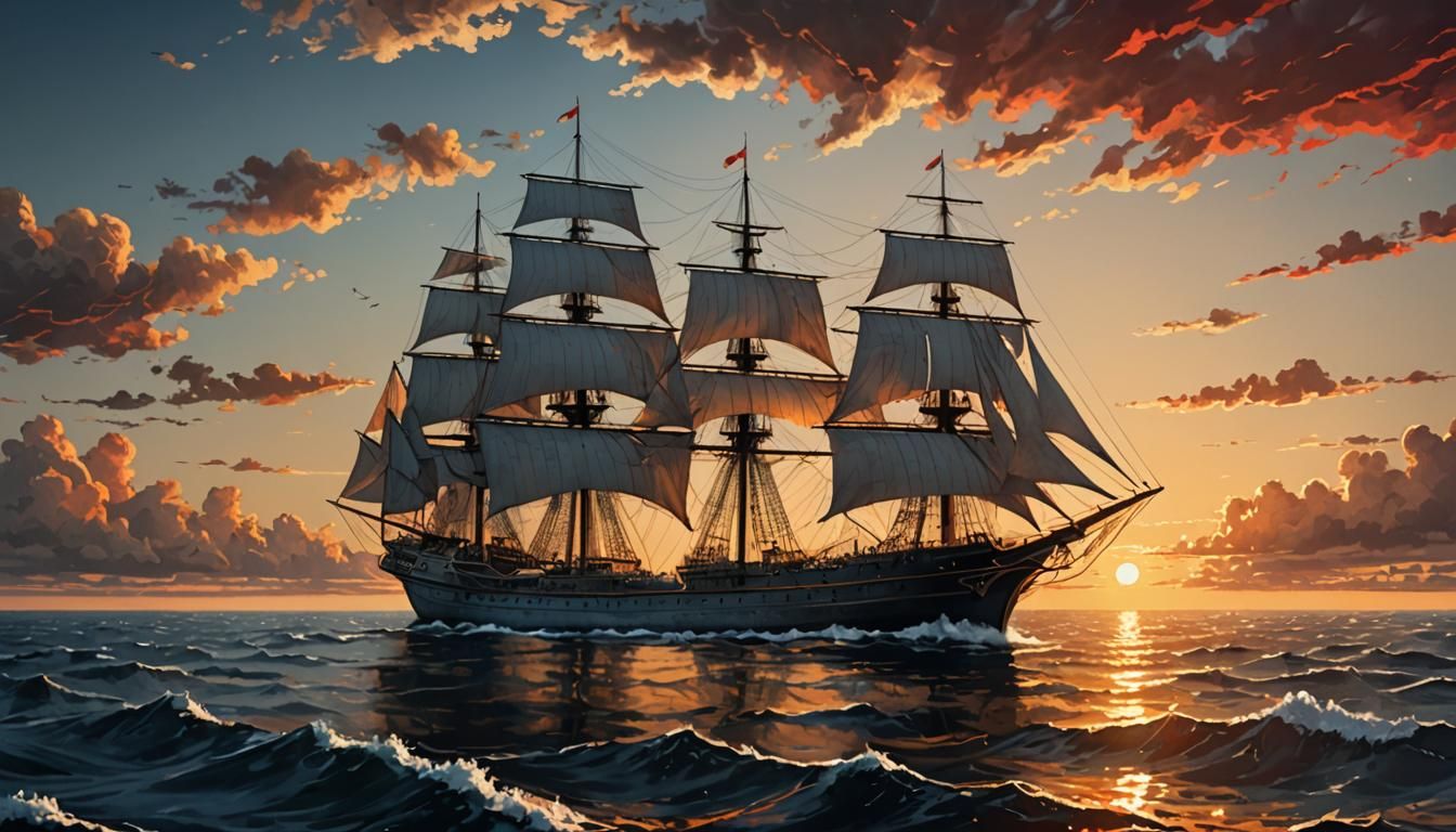 Monochromatic Ship Silhouetted at Sunset