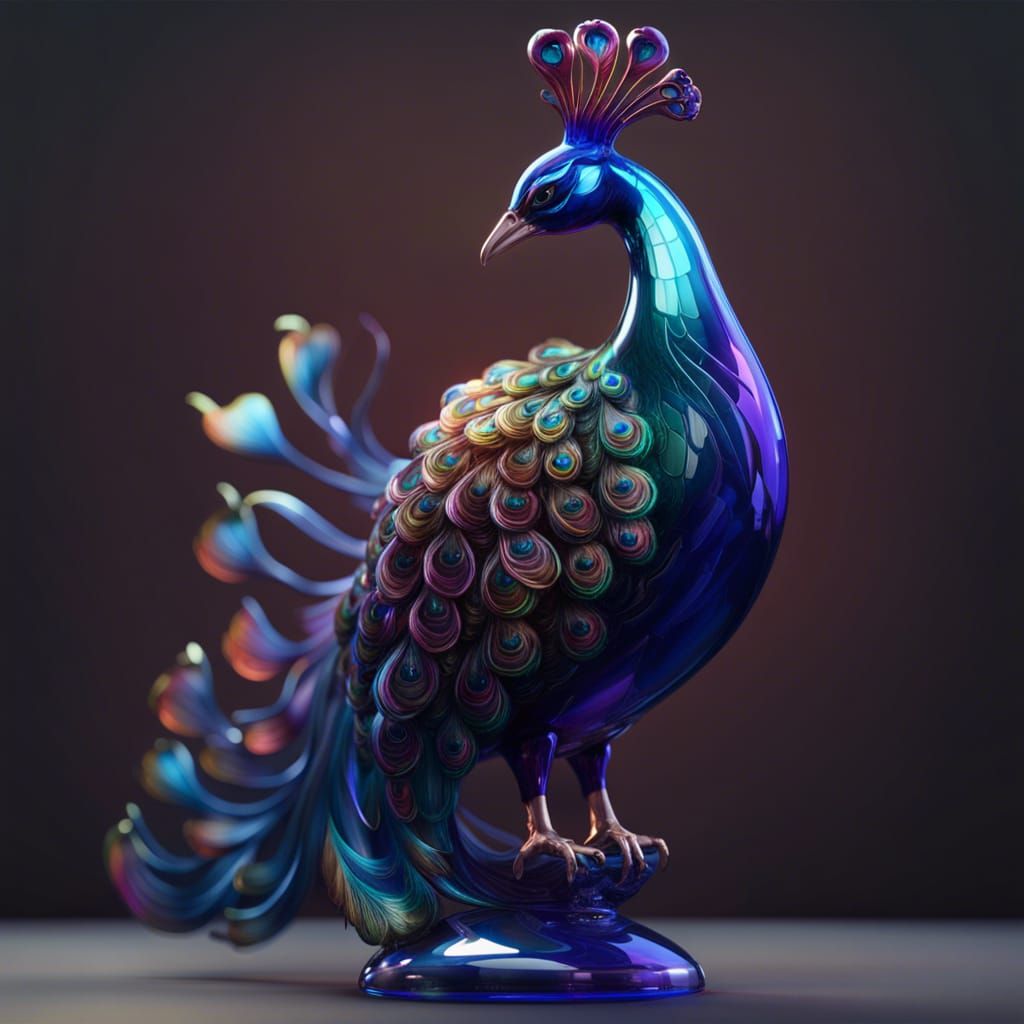 Blown Glass Peacock Figurine in Detailed Matte Style