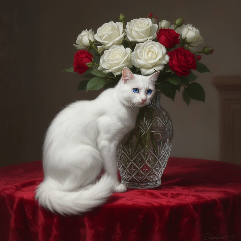 White Cat with Roses in Matte Painting Style