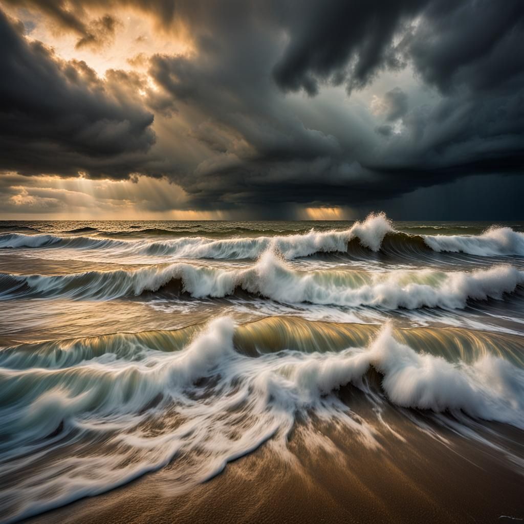 Dramatic Seascape with Storm Clouds in Golden Light