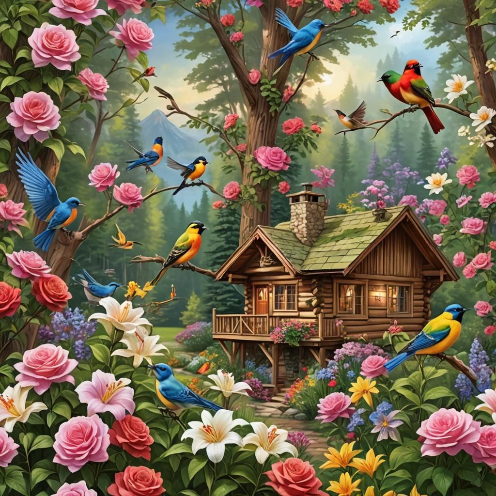 Colorful Songbirds Over Mountain Lake Cabin
