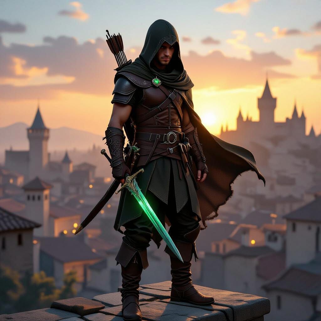 Rooftop Assassin Overlooking Medieval Cityscape