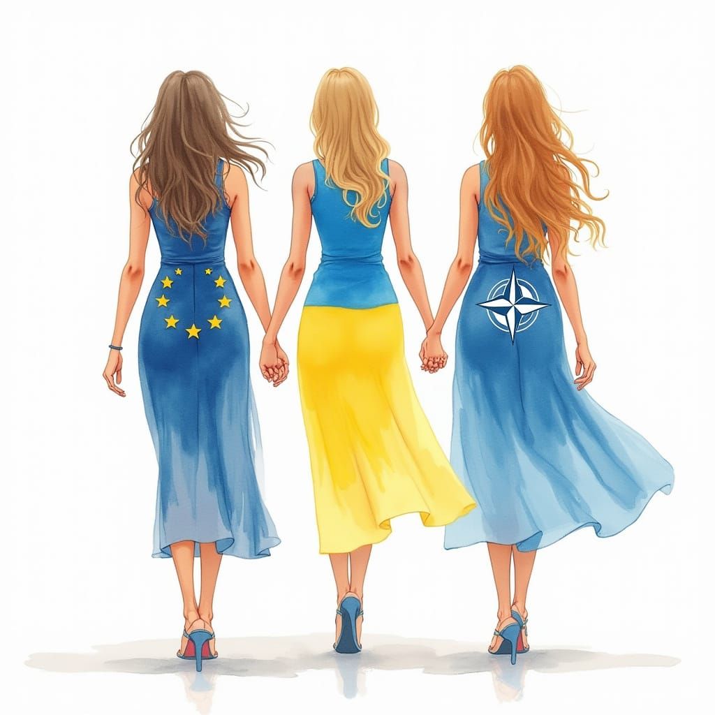 Watercolor Art of Women Symbolizing EU, Ukraine, NATO Unity