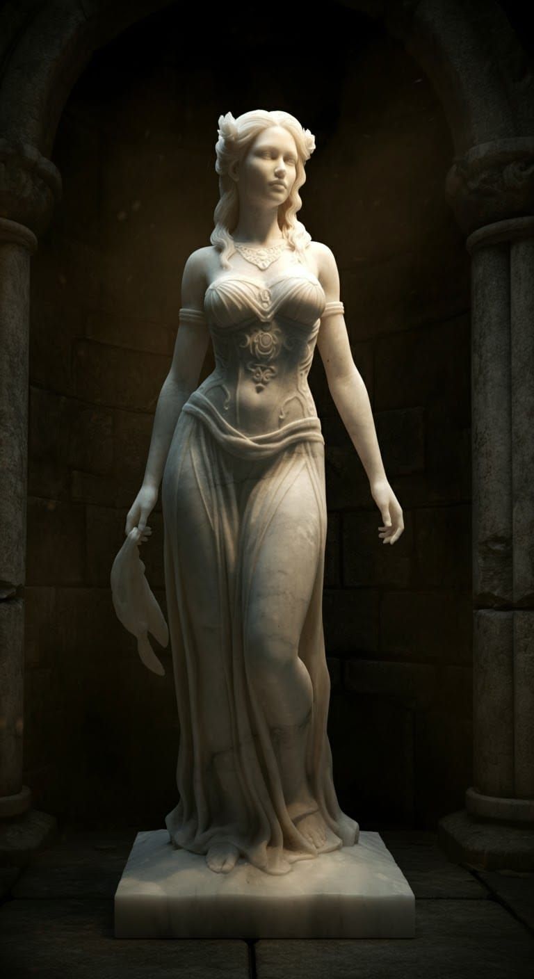 Alabaster Woman Sculpture in Atmospheric Lighting