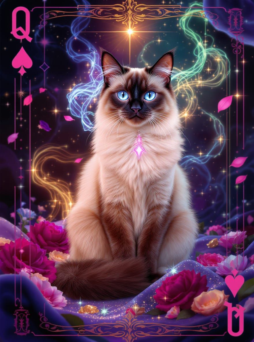Queen of Spades Siamese Cat Card: Digital Art