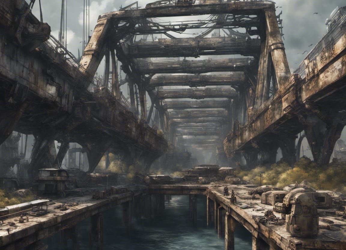 Futuristic Bridge Garrison in Dystopian Landscape