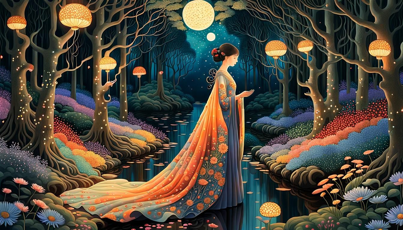 Sunset Woman in Enchanted Forest: a Magical Realism Artwork