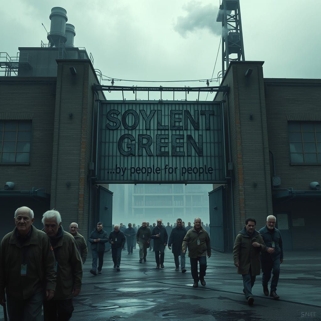 Dystopian Factory Hall in Cyberpunk Style with Distressed Br...