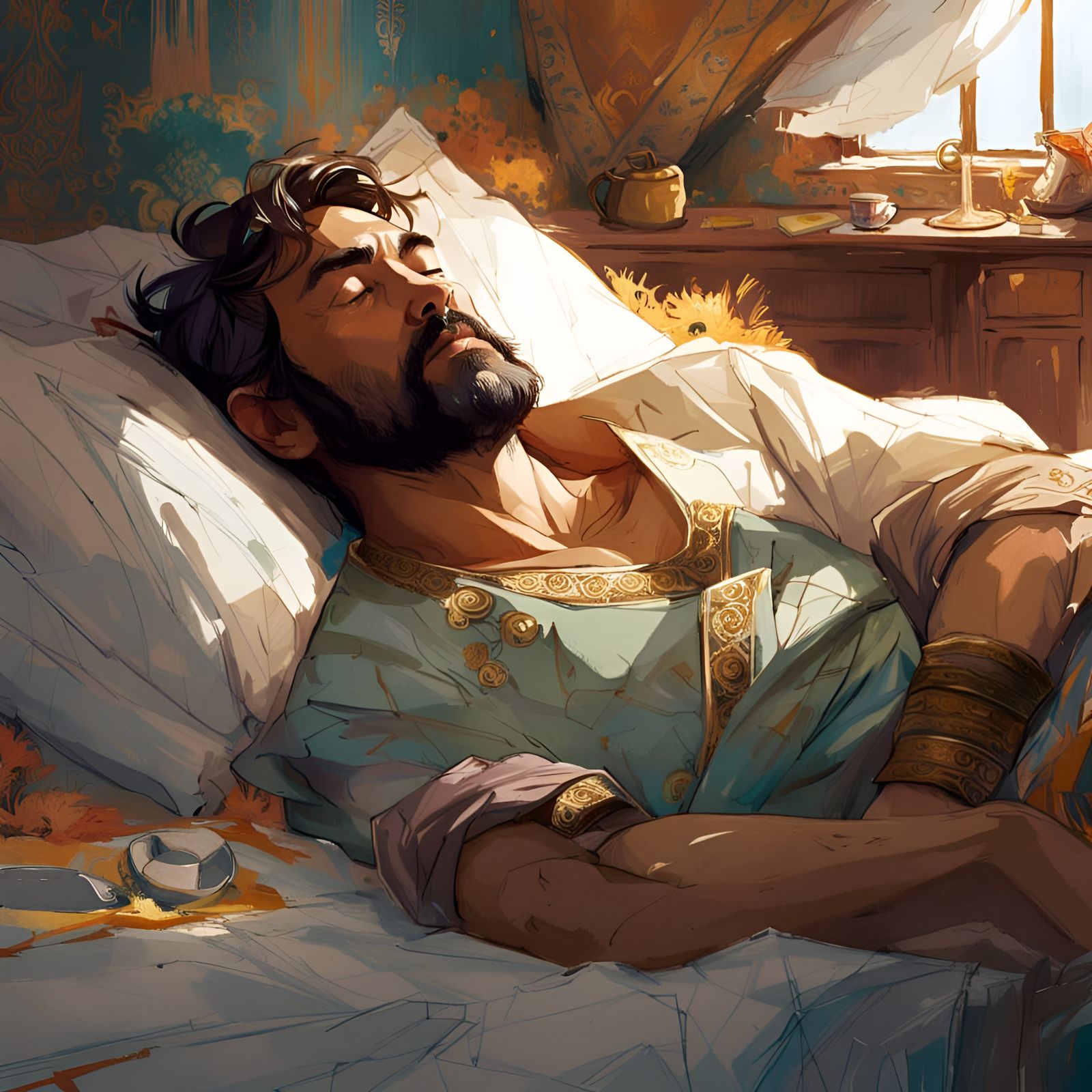 Marco Polo Portrait in Bedroom, Digital Watercolor Style