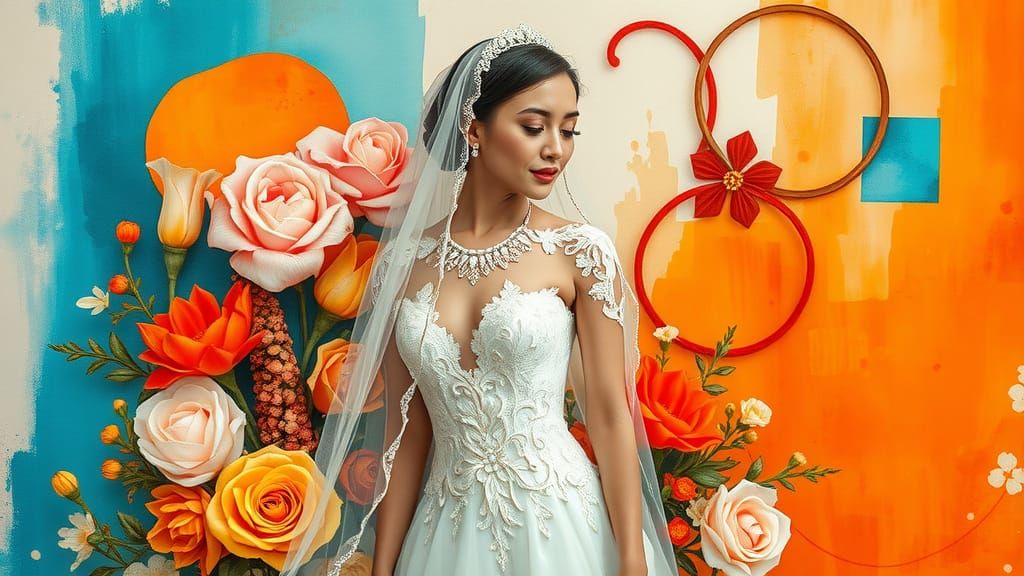 Bride in Lace Gown with Abstract Floral Background