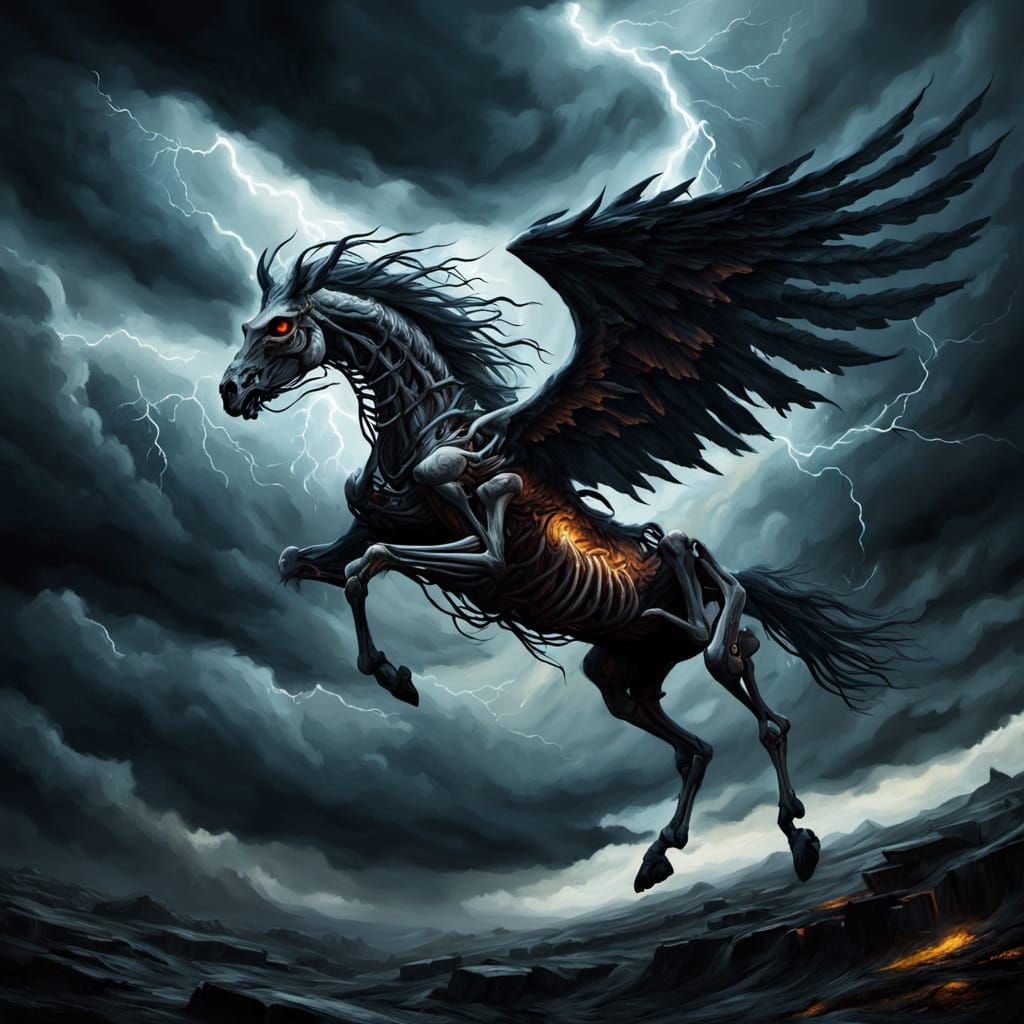 Dramatic Skeletal Horse Creature in Dark Fantasy Art