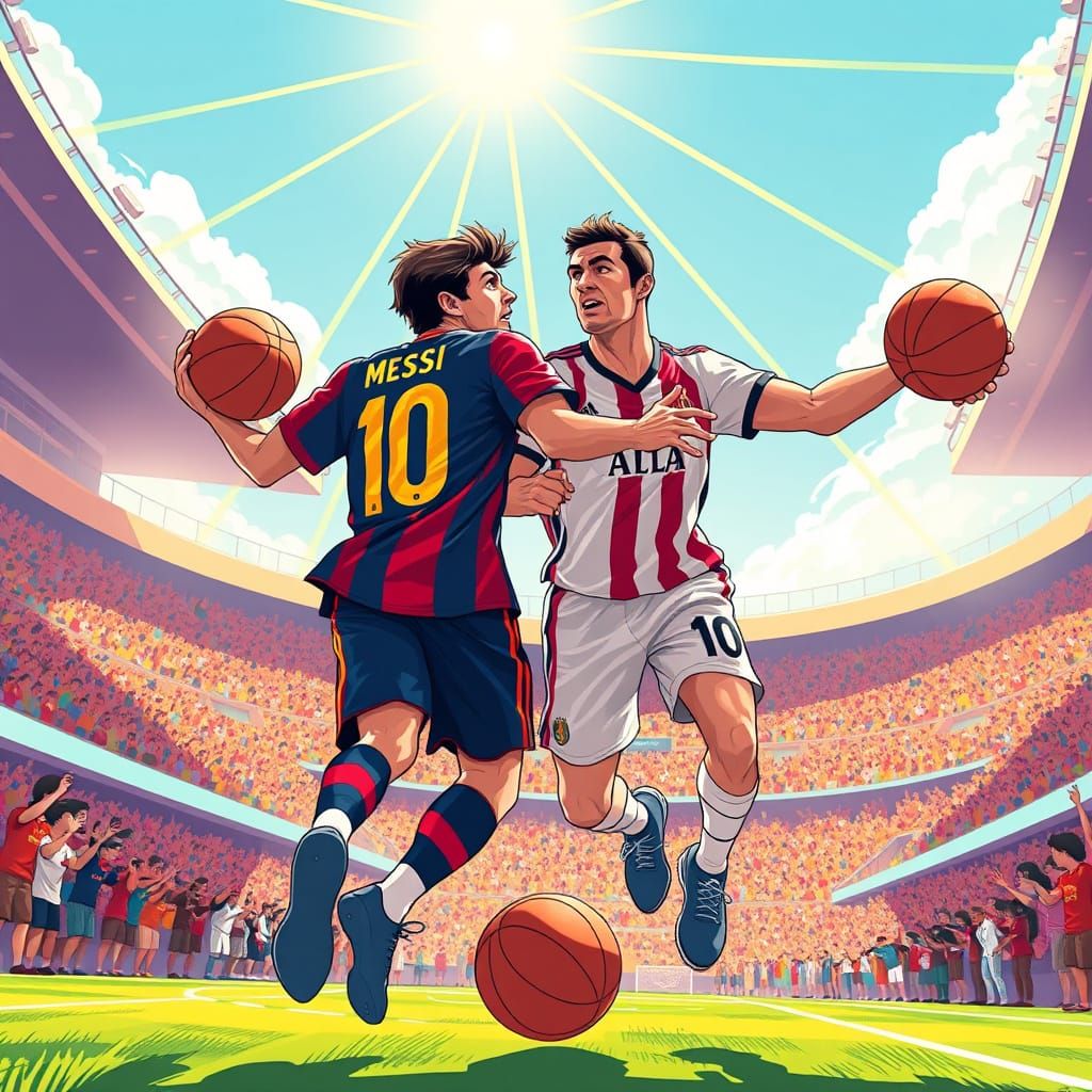 Messi and Ronaldo Play Basketball: Stylized Illustration