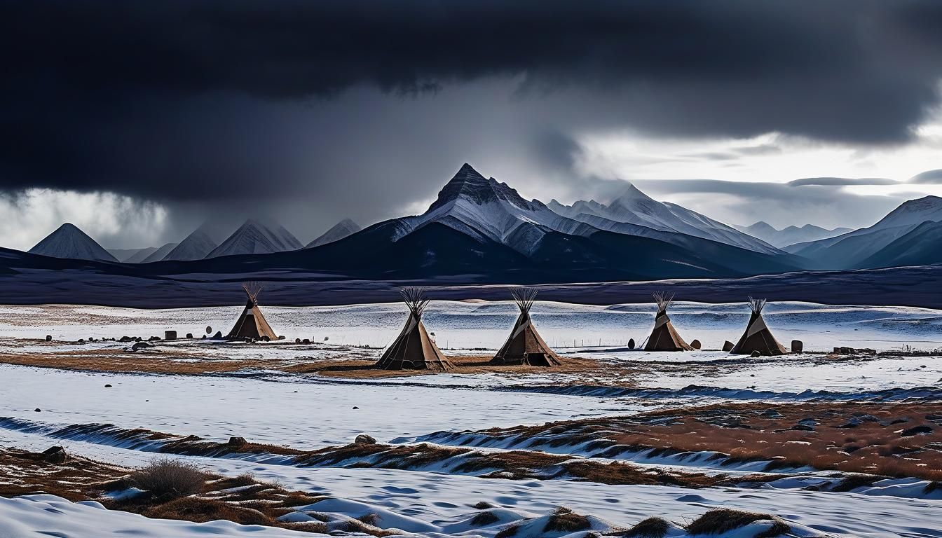Derelict Tipi Village in Winter Landscape