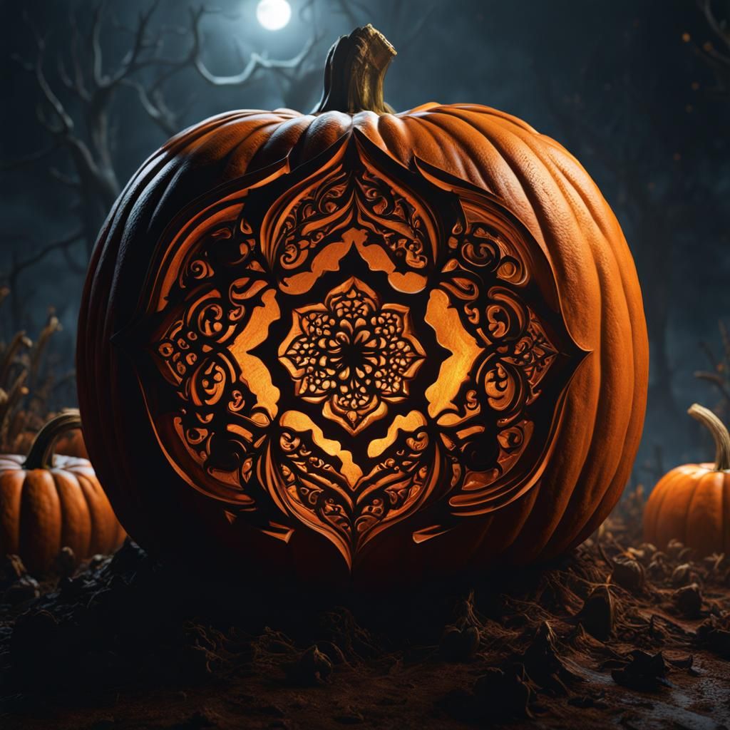 Eerie Fractal Pumpkin Carving in Moonlit Field