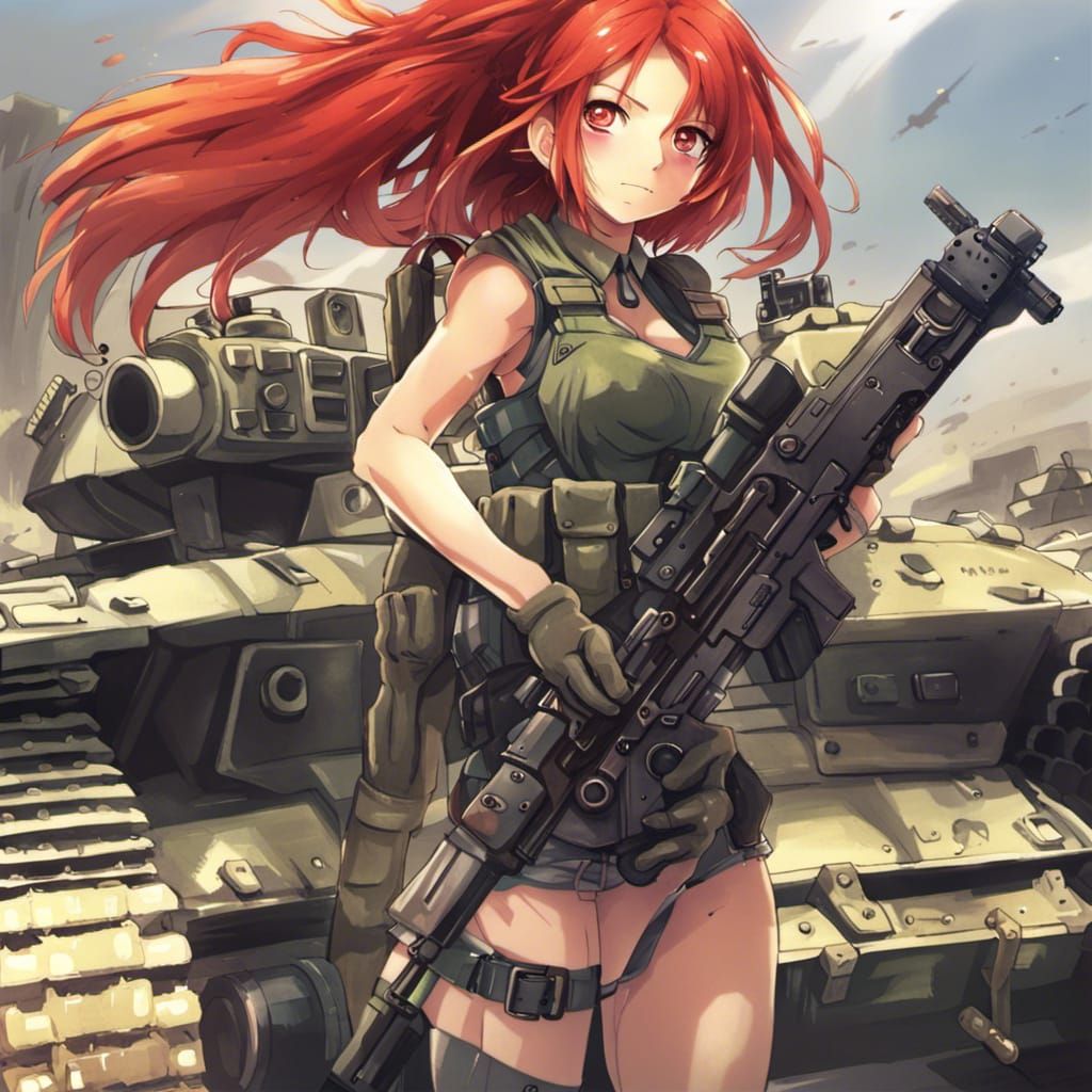 Anime Girl in Combat Gear with Machine Gun