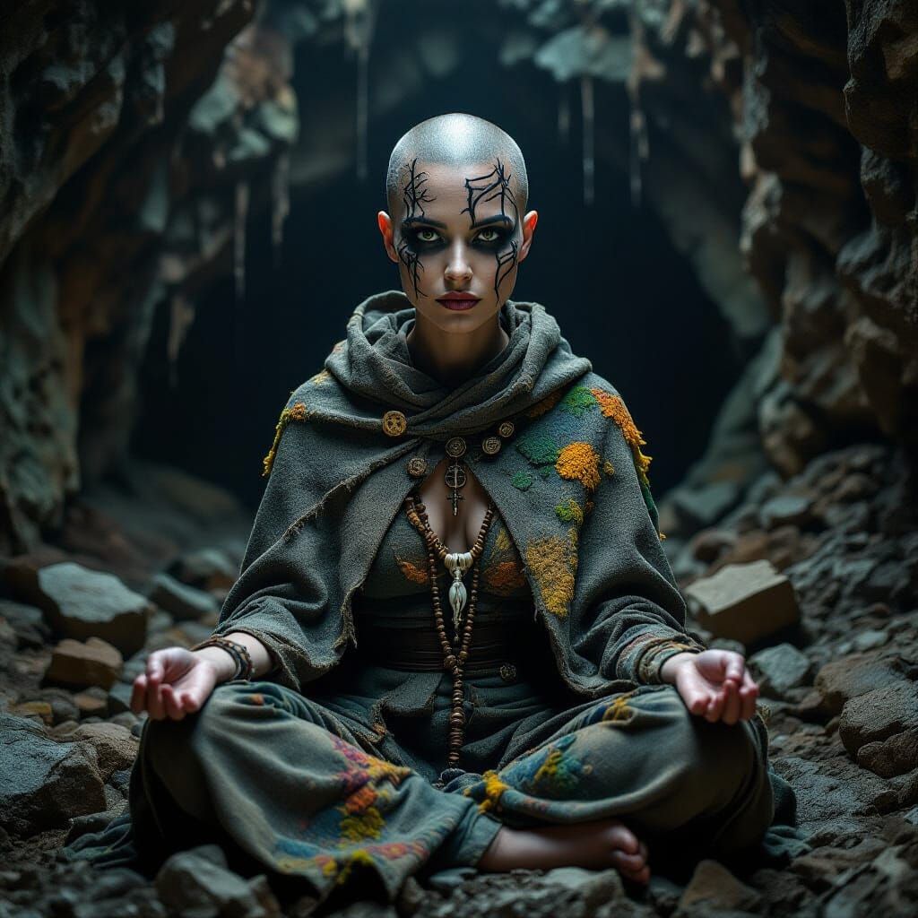 Occult Woman in Mine, Tree Bark Makeup, Dark Magic