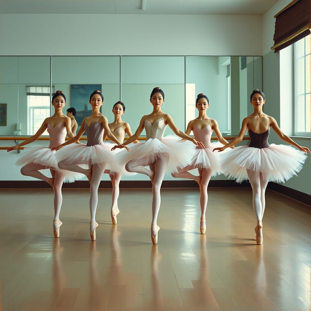 Elegant Ballerinas Pose En Pointe in a Spacious Dance Studio