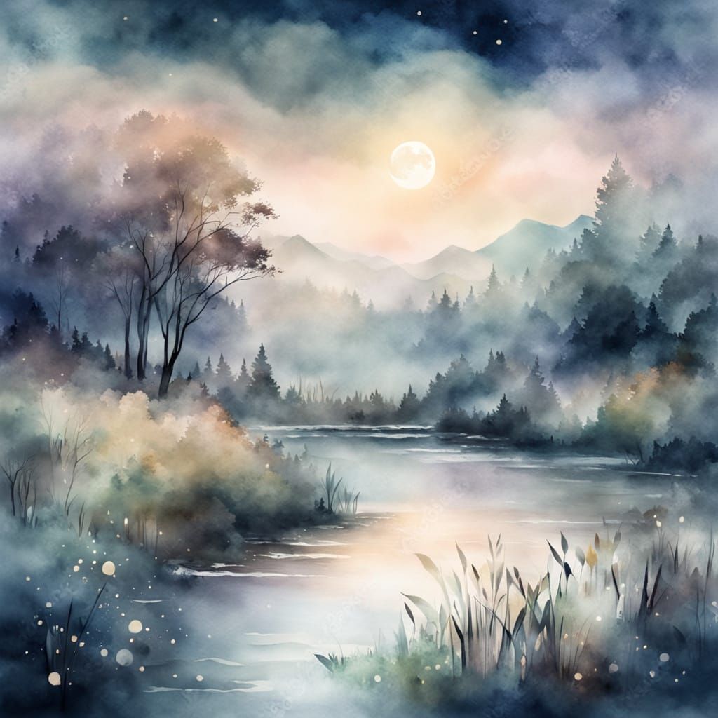 Moonlit Landscape in Watercolor Style