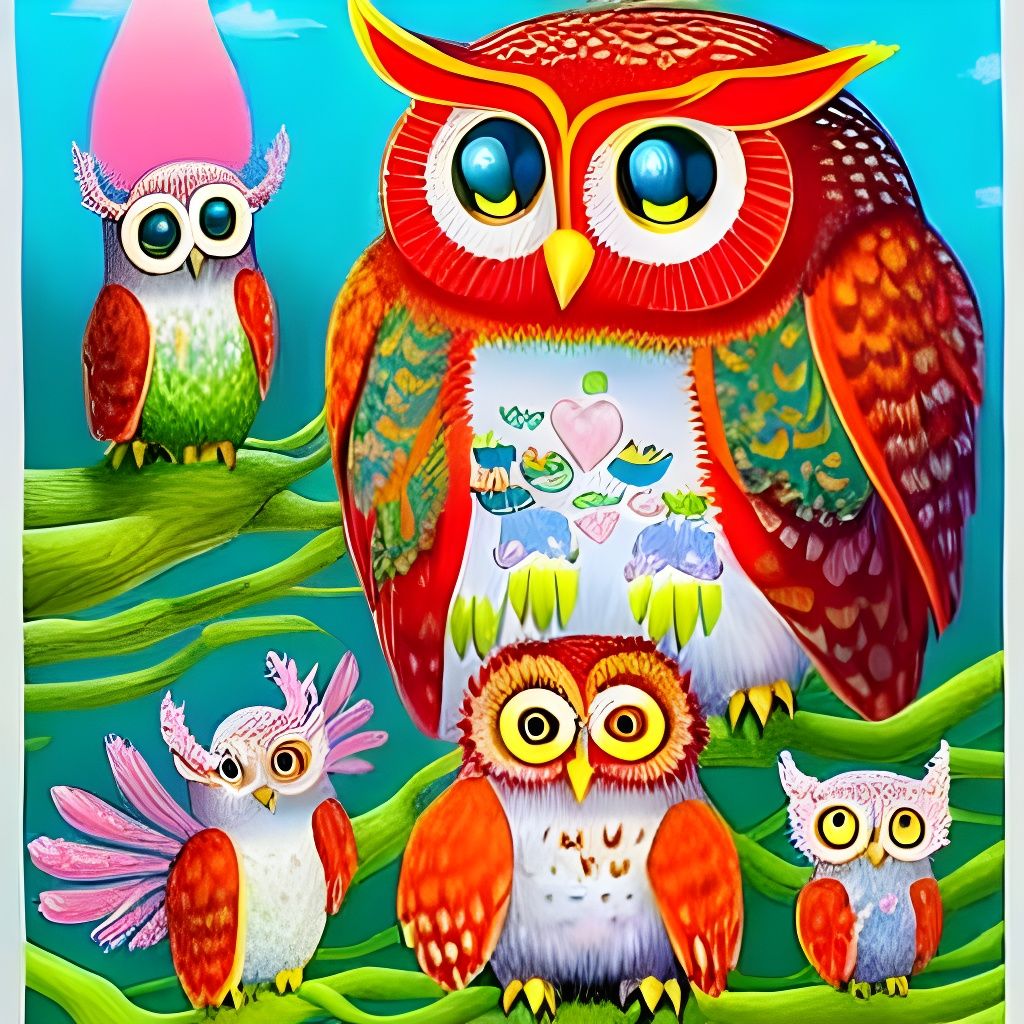 Heartwarming Owl Family Fantasy Acrylic Painting