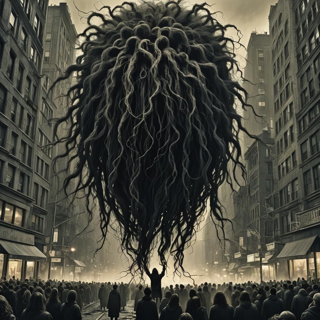Gothic Surrealism: Giant Hair Strand Over New York