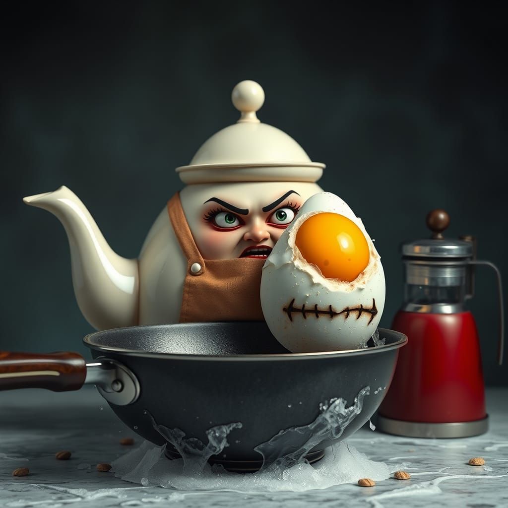 Terrified Teapot Hiding From Monster Egg, Fantasy Art