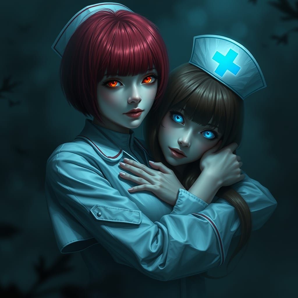 Ethereal Nurse Embracing a Friend in Dark Fantasy Fog